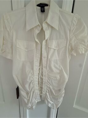 Laundry By Shelli Segal Cream Ruched Short Sleeve Button Front Blouse